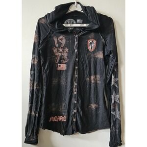 Affliction Button Up Hoodie Womens Size Large American Custom Seek Destroy Skull